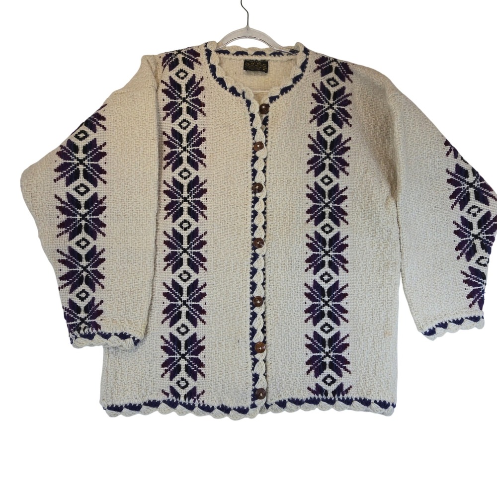 Vintage Hand Knit Chunky Wool Cardigan Sweater Womens XL Snowflake Nordic Thick